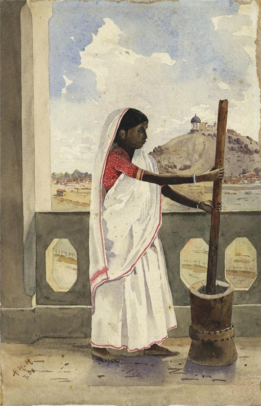 A Female Rice Grinder India 1888 - Watercolour Painting - Arthur Herbert Hussey0
