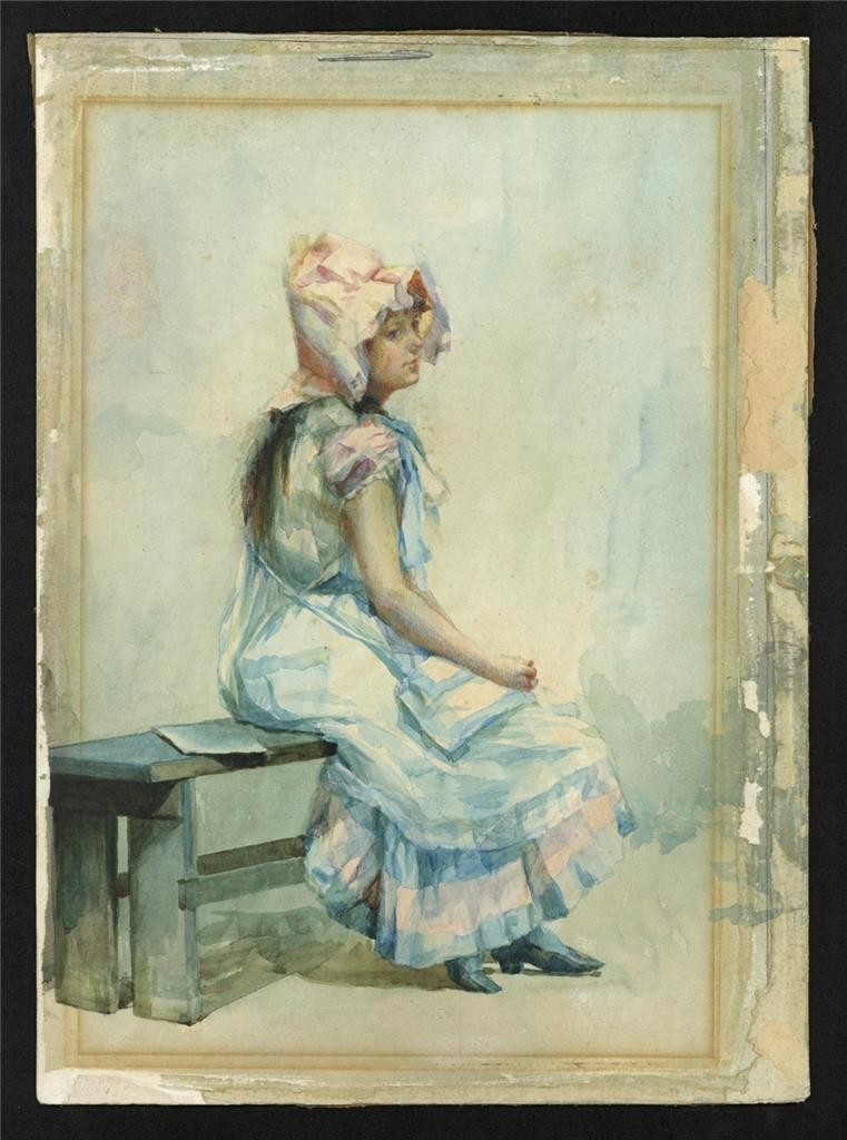 Seated Young Lady Study - Antique Watercolour Painting - 19th Century1