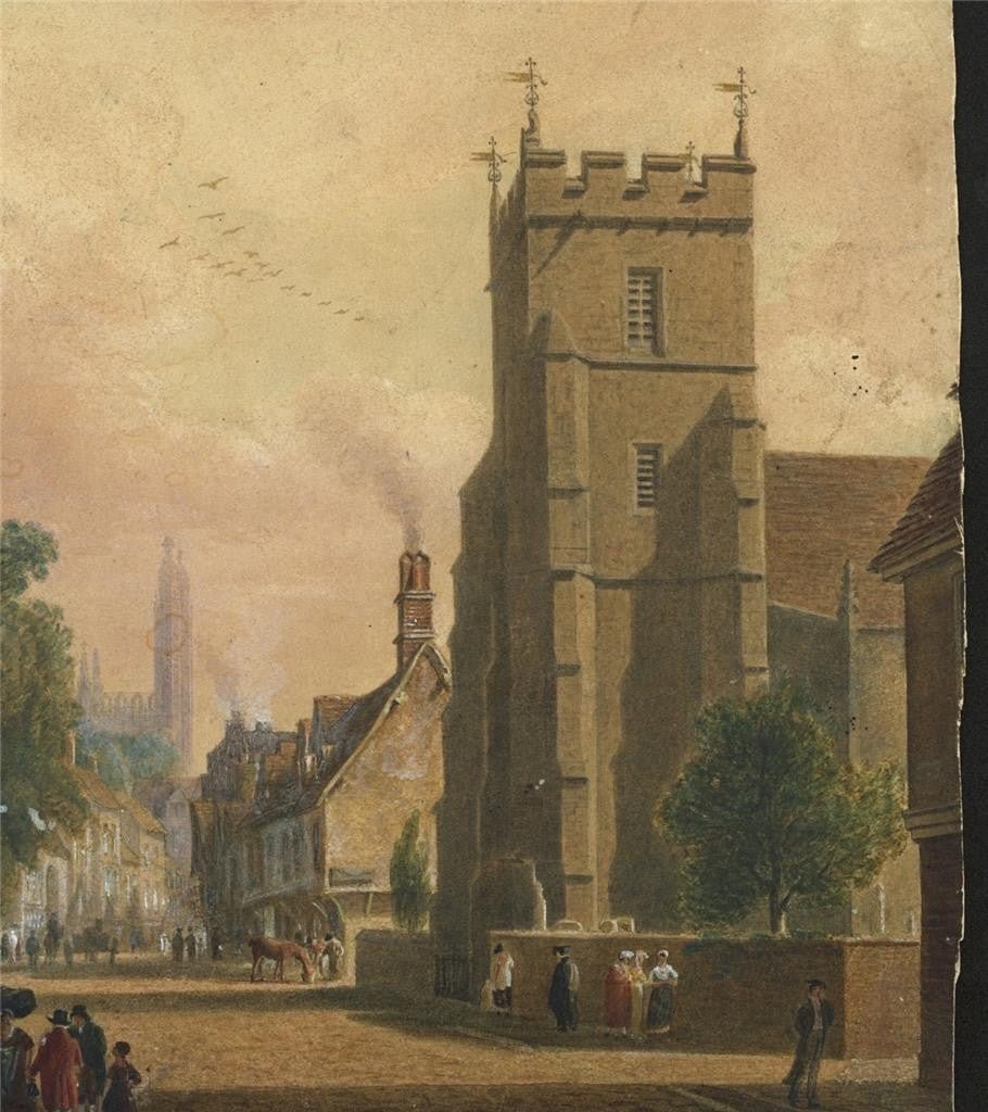 Trumpington Street Cambridge Watercolour Painting 19th Century In Style Of Pugin7