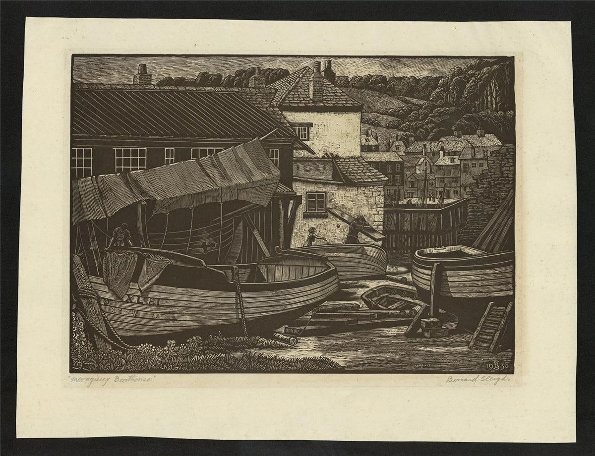 Bernard Sleigh (1872-1954) Signed Woodcut Mevagissey Boathouse Cornwall 19361