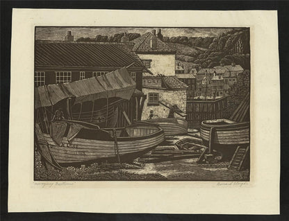 Bernard Sleigh (1872-1954) Signed Woodcut Mevagissey Boathouse Cornwall 19361