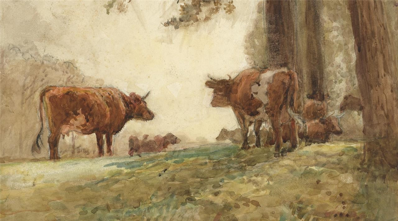 John Pedder (1850-1929) Watercolour Painting - Cows In Rural Scene3