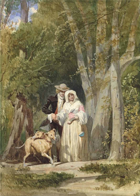 Auguste Francois Laby - Watercolour Painting - Lady & Gentleman With Dogs0