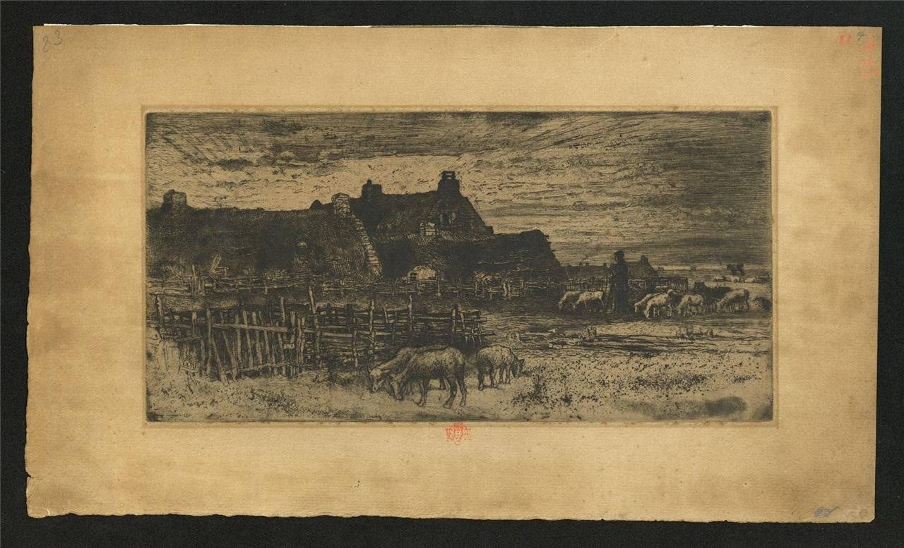 Felix Buhot (1847-1898) Etching - Sheepfold At Sunset 1881 - Red Owl Stamp1
