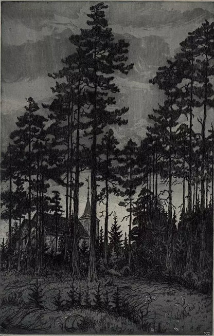 Olaf Abrahamsen Willums (1886-1967) Signed Etching - 1914 Kirke Skagen - Church In Landscape