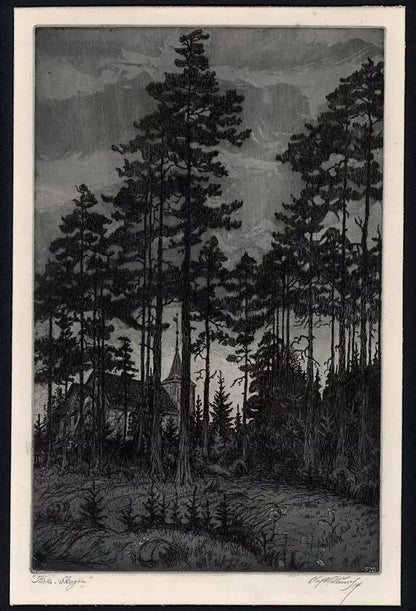 Olaf Abrahamsen Willums (1886-1967) Signed Etching - 1914 Kirke Skagen - Church In Landscape