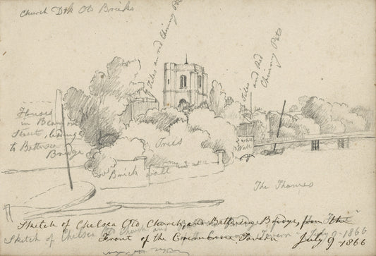 William Hubbard (1804-1870) Pencil Drawing - Chelsea Old Church & Battersea Bridge London 1866