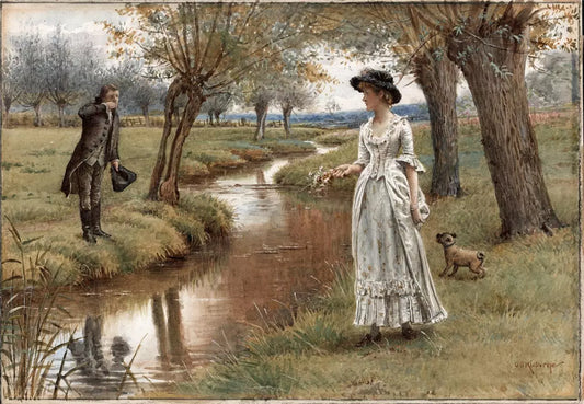 George Goodwin Kilburne (1839-1924) Watercolour Painting - The Kiss - Landscape