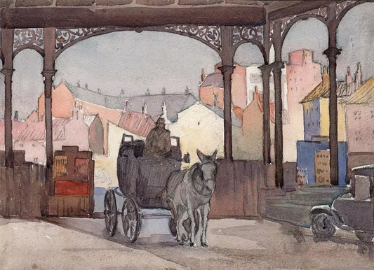 Horse & Cart At Hull Station - Antique Watercolour Painting - Early 20th Century