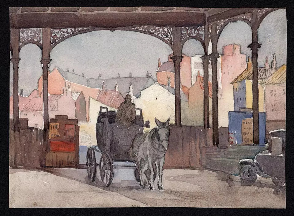 Horse & Cart At Hull Station - Antique Watercolour Painting - Early 20th Century