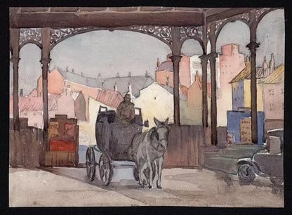 Horse & Cart At Hull Station - Antique Watercolour Painting - Early 20th Century
